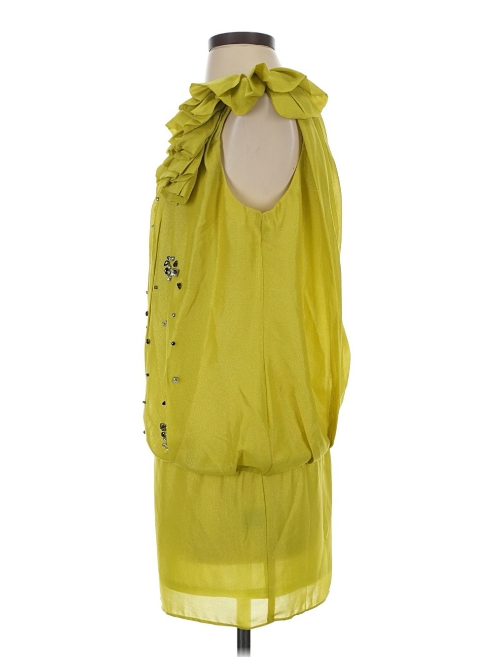 Ark & Co Chartreuse One Shoulder Rhinestone Ruffle Cocktail Mini Dress - Picture 12 of 14